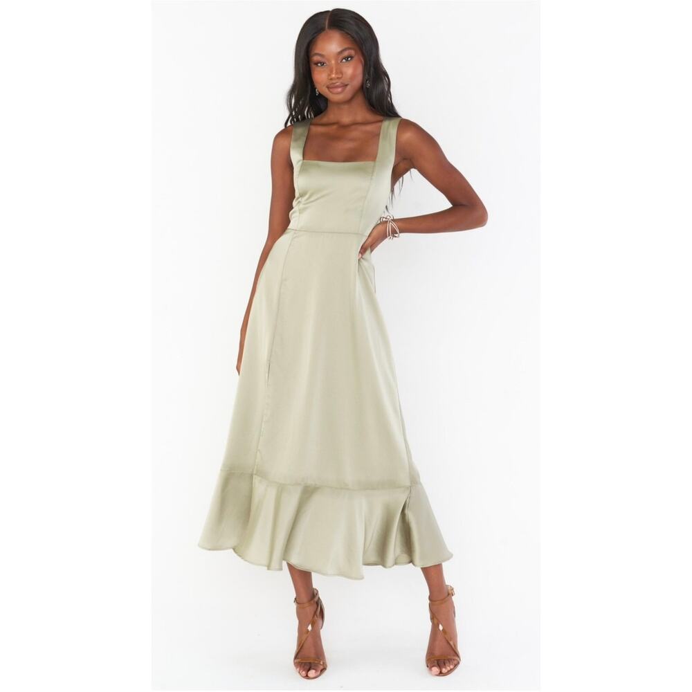 Show Me Your MuMu Sage Green Satin Midi Dress